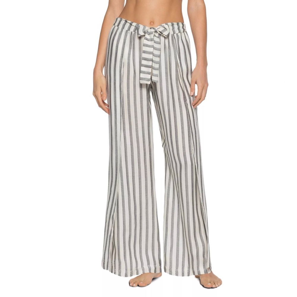 BECCA Virtue blue white stripe open side slit legs tie closure waist long pants - Picture 1 of 9